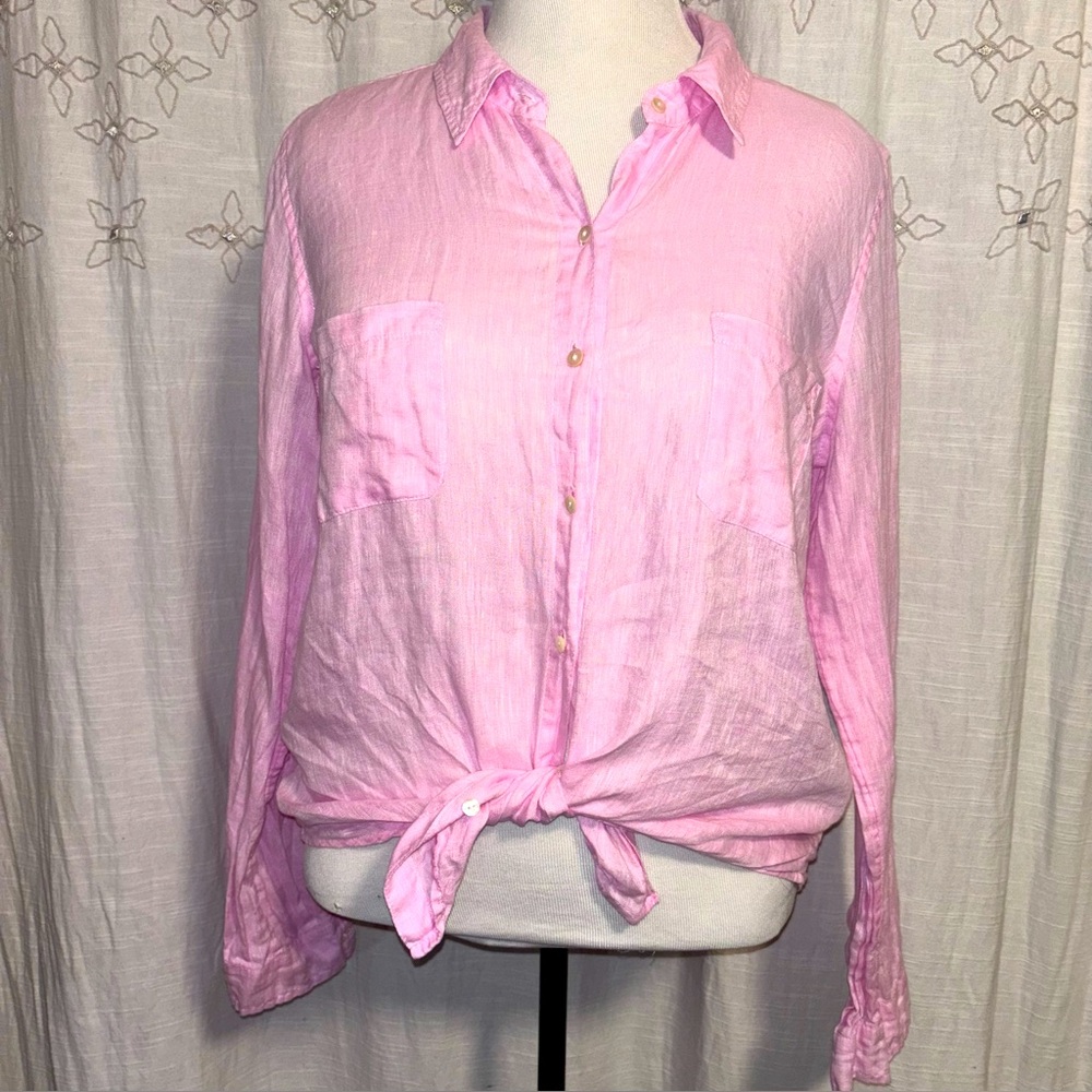 Lilly Pulitzer Sea View 100% Linen top in sea urchin pink x resort white-Large